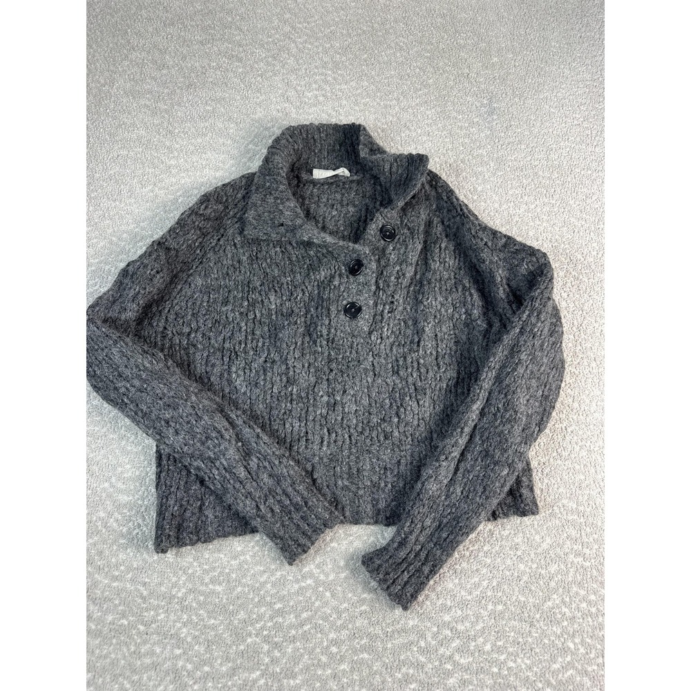 Everlane Sweater Womens Small Gray Merino Alpaca Wool Henley V Neck Chunky Knit